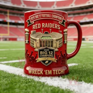 2025 Big 12 Championships Commemorative Mug 4 Red championship mug on football field with stadium background and celebratory design!