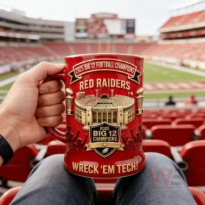 2025 Big 12 Championships Commemorative Mug 5 Hand holding red championship mug with stadium seats and field in background!