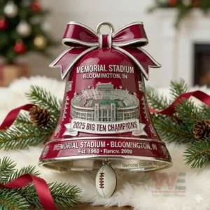 2025 Big Ten Champions Memorial Stadium Bloomington Bell Ornament 4 A red stadium themed bell ornament placed beside evergreen branches and holiday decor!