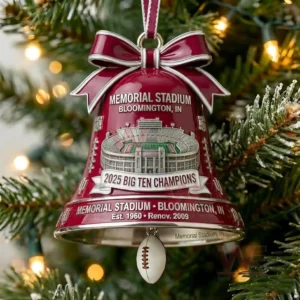 2025 Big Ten Champions Memorial Stadium Bloomington Bell Ornament 5 A red championship bell ornament hanging among lit branches of a Christmas tree!