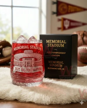 2025 Big Ten Champions Memorial Stadium Etched Whiskey Glass 5 Red drink filled etched Memorial Stadium glass beside a black championship box in a room with sports decorations!
