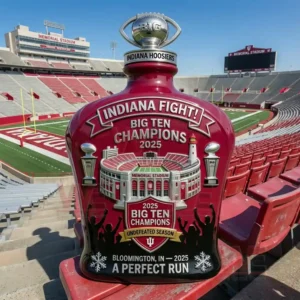 2025 Big Ten Champions Undefeated Season Whiskey Bottle 4 A bottle featuring Indiana championship graphics placed on stadium seats!