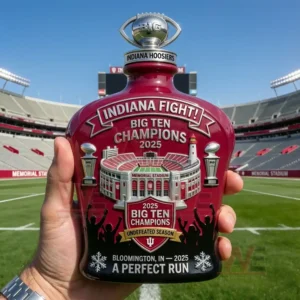 2025 Big Ten Champions Undefeated Season Whiskey Bottle 5 A held bottle with Indiana championship designs shown on a football field!