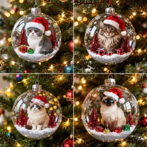 A gray and white cat in a Santa hat inside a transparent ornament with red trees and presents on a Christmas tree!