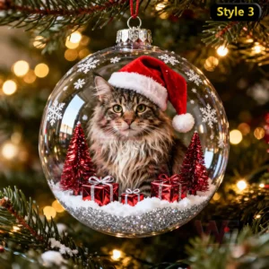 A brown cat with blue eyes in a Santa hat inside a transparent ornament with red trees and presents on a Christmas tree!