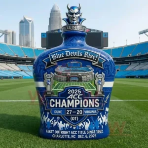 A bottle with Duke championship designs positioned on a football field!