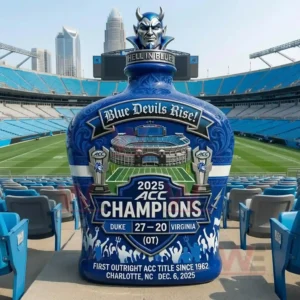 A bottle featuring Duke championship graphics placed on stadium seats!