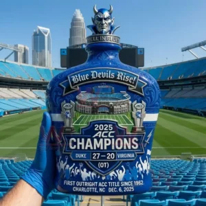 A held bottle with Duke championship designs shown on a football field!