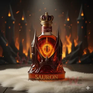 Whisky bottle styled with a central fiery eye encased in tower shaped metal framing crowned with a royal top against a burning dark landscape.