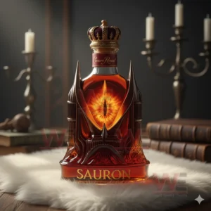Whisky bottle with fiery eye design and tower shaped frame placed on fur with candles and vintage books in the background.