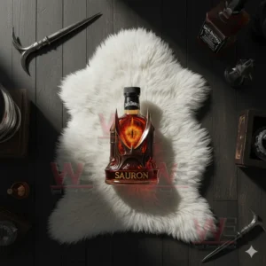 Overhead view of whisky bottle with fiery eye design on white fur surrounded by weapons decor and additional bottles on a dark wooden floor.