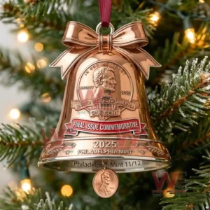 Bell shaped ornament with an engraved portrait hanging on a lit holiday tree!