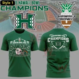 Green championship shirt displaying Hawaii Rainbow Warriors pride with bowl victory graphics on both sides!