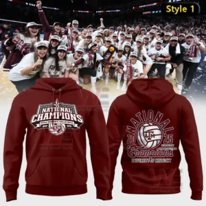 Women volleyball team celebrating a national championship with a maroon hoodie design shown in the foreground!