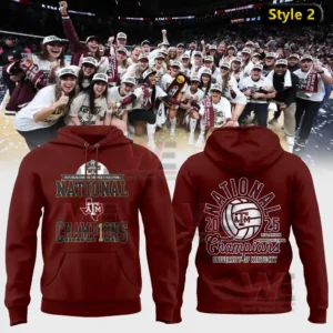 Maroon hoodie with national champions text shown alongside a women volleyball championship celebration!