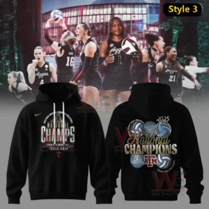 Black hoodie celebrating a women volleyball national championship with players shown in the background!