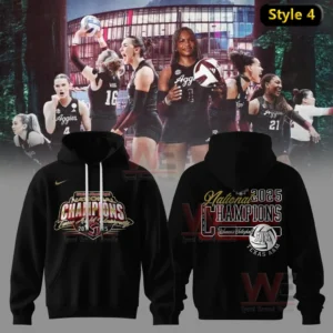 Black national champions hoodie displayed with a women volleyball team celebration scene!