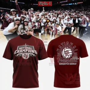 Maroon national champions womens volleyball t shirt with prominent graphics celebrating a historic title win!
