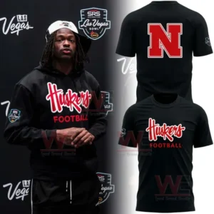 2025 Nebraska Cornhuskers football Las Vegas Bowl Hoodie, Shirt 3 Black Nebraska Huskers Football hoodie and shirt shown from front and back with bold red lettering!
