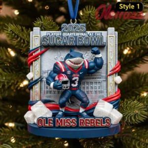 Ole Miss Rebels Sugar Bowl ornament with a three dimensional shark football character 2025 playoff quarterfinal text and team name on the base hanging on a Christmas tree.