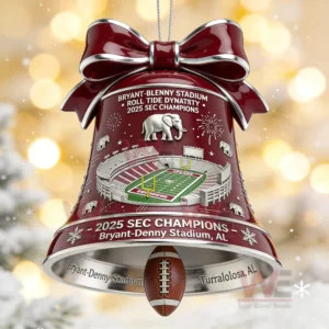 Championship football stadium bell ornament with red bow elephant symbol and detailed stadium artwork hanging in a festive setting!
