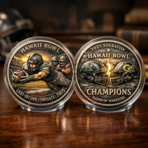Two Hawaii Bowl commemorative coins on a wooden surface featuring a diving football player and championship helmets with lightning!