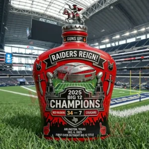 A bottle with Texas Tech championship designs positioned on a football field!