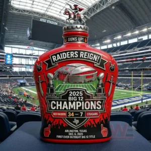 2025 Texas Tech Red Raiders Big 12 Champions Whiskey Bottle 4 A bottle featuring Texas Tech championship graphics placed on a stadium seat!