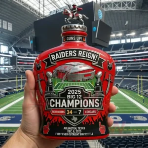 2025 Texas Tech Red Raiders Big 12 Champions Whiskey Bottle 5 A held bottle with Texas Tech championship designs shown inside a stadium!