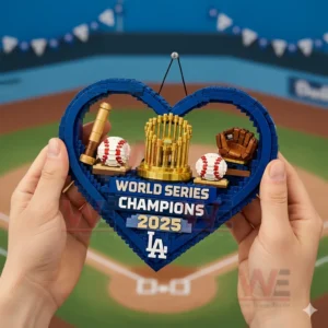 2025 World Championship LA Dodgers Building Blocks 3 Heart shaped baseball championship building block ornament held by hands with stadium background and detailed sports elements!
