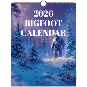 Bigfoot figure walking in a snow covered forest at night.