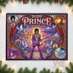 A detailed calendar cover illustration of Prince presented in a colorful fantasy inspired scene filled with doves swirling clouds ornate borders and vivid purple tones with Prince posed confidently holding a guitar at center stage.