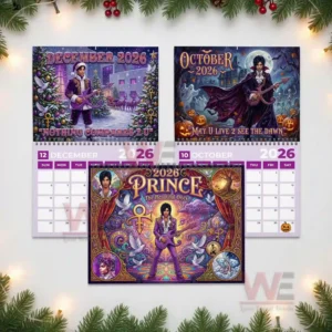 A layout showing two monthly calendar illustrations of Prince one set in a spooky October night environment and the other in a winter December landscape with snow decorations and holiday lights.