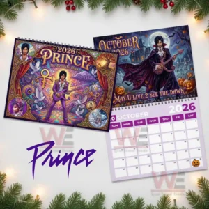 A side by side display of the Prince calendar cover rich with fantasy motifs and the October page showing Prince in a dark seasonal scene accompanied by a visible calendar grid.