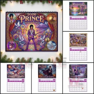 A grouped display of several Prince calendar pages each featuring distinct seasonal illustrations placed around the detailed main cover art.