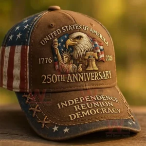 Close up of a brown American anniversary hat with flag eagle and liberty imagery!