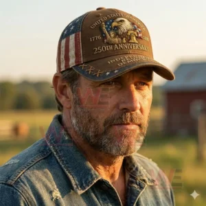 250 Years of America Printed Casual Hat cap 3 A bearded man wearing a brown American themed cap outdoors in a rural landscape!