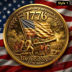 Gold commemorative coin with historic soldiers cannon American flag and freedom theme displayed prominently!