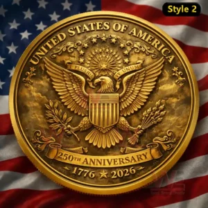 250 Years of Freedom 1776-2026 We the People Commemorative Coin 3 Gold commemorative coin with American eagle emblem stars shield and patriotic design elements!