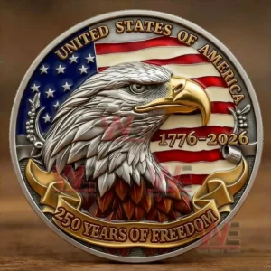 A decorative coin with an eagle and the United States flag along with anniversary text honoring national freedom!