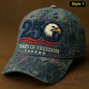 Distressed denim baseball cap with embroidered 250 eagle patch red stripes and the text Years Of Freedom on the front.