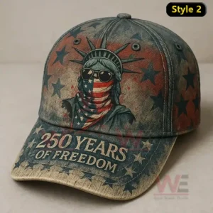 250 Years of Freedoom Eagles Cap hat 3 Faded denim baseball cap with Statue of Liberty wearing sunglasses American flag face covering star pattern and 250 Years Of Freedom text on the brim.