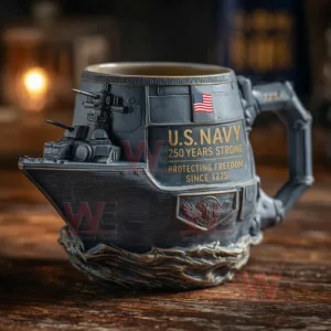 Navy warship shaped ceramic mug with detailed cannons patriotic emblem and commemorative design on a wooden surface!