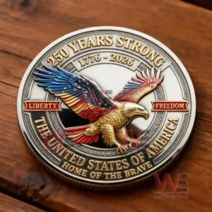 A patriotic coin depicting a flying eagle with bold colors and inscriptions celebrating two hundred fifty years of national strength!