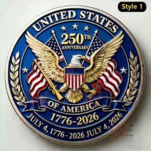 Commemorative coin design with a central golden eagle and American flags featuring the United States 250th anniversary and the years 1776 and 2026!