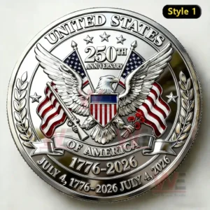 Silver commemorative coin with eagle shield American flags stars and anniversary text representing United States heritage!