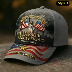 250th Anniversary of American Independence Cap Hat 7 Gray patriotic baseball cap with Statue of Liberty American flags fireworks and anniversary inspired artwork!