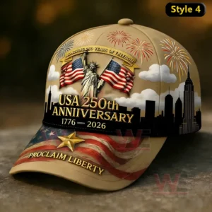 250th Anniversary of American Independence Cap Hat 8 Beige patriotic baseball cap with Statue of Liberty American flags fireworks city skyline and anniversary celebration design!