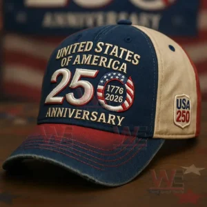 A tri color anniversary cap displaying large embroidered lettering marking the celebration of the nation with symbols and colors representing the United States!