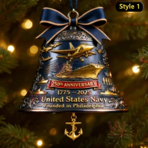 A navy themed bell ornament with gold aircraft a large ship and an anchor charm marking the two hundred fiftieth anniversary of the United States Navy!